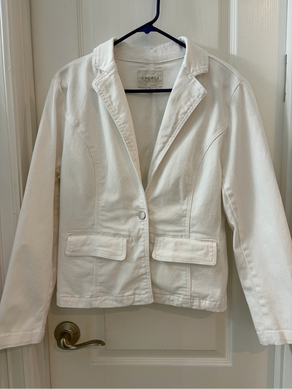 Angels White Denim Tailored Blazer Jacket size large ptp 21 length 24 stretch